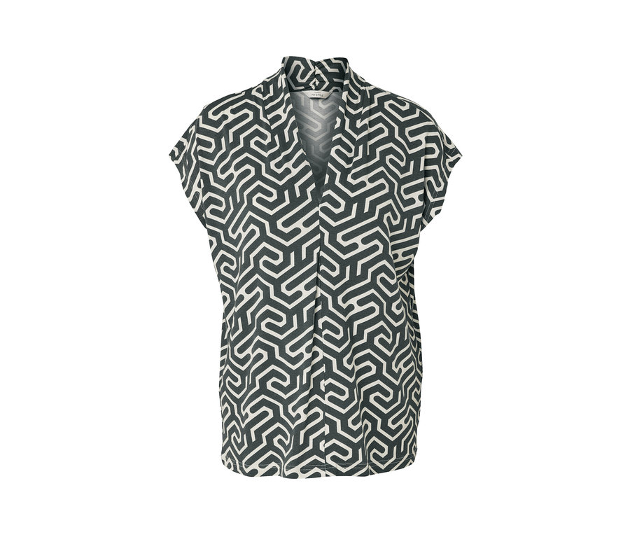 Grünes Blusenshirt mit V-Ausschnitt und Muster.