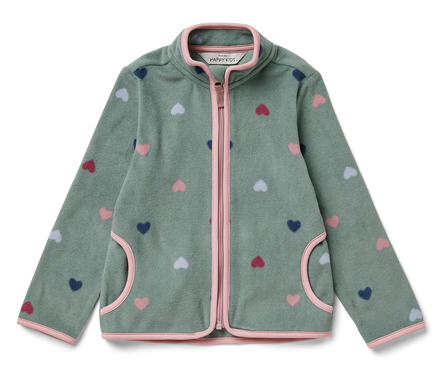 Grüne Fleecejacke mit Reißverschluss und Herzmuster.