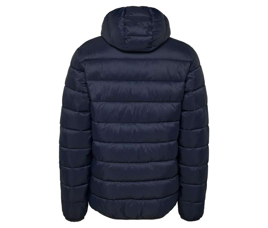 Rückansicht einer dunkelblauen Steppjacke mit Kapuze.