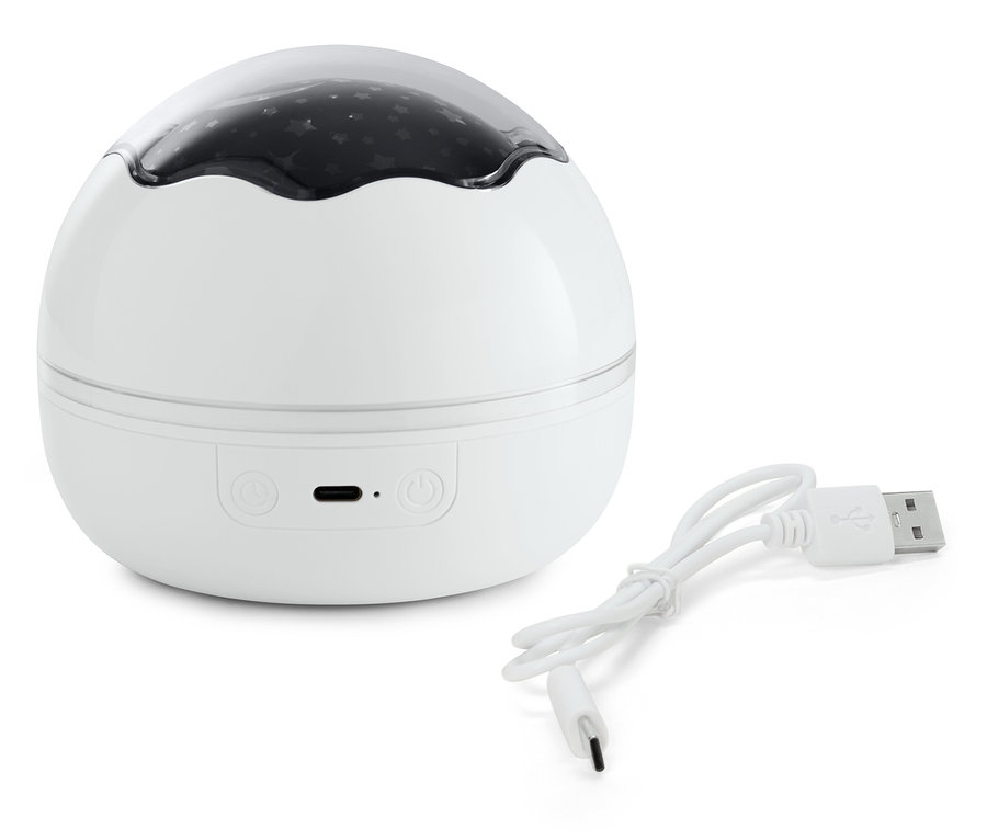 Weiße Lampe mit Sternen und USB-Kabel.