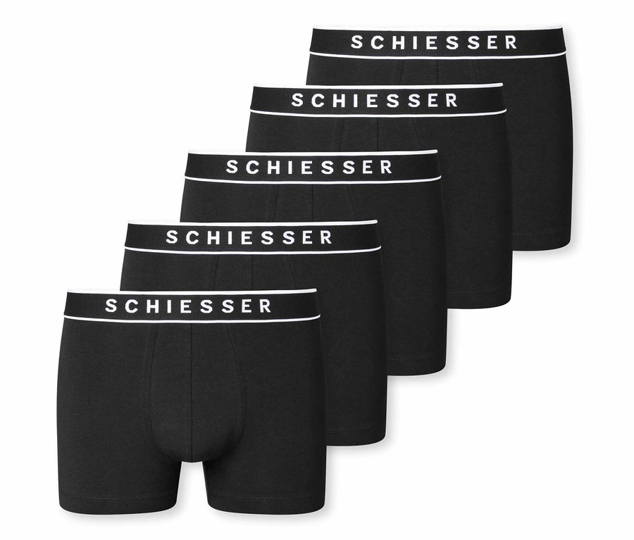 Fünf schwarze SCHIESSER Shorts mit weißem Bund, der den Markennamen zeigt.