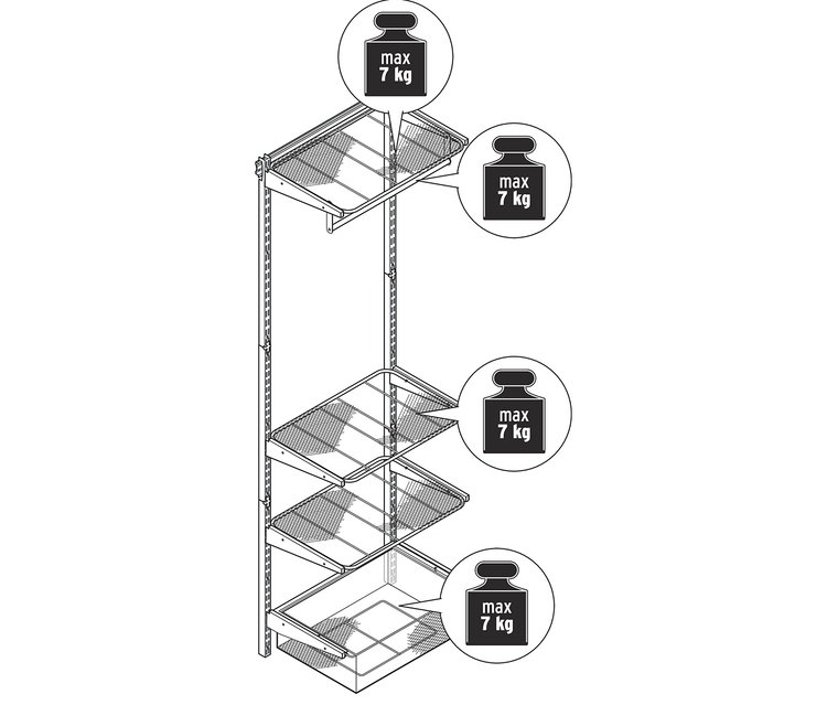 Schwarz-Weiß-Zeichnung eines Wand-Regalsystems mit einer maximalen Tragfähigkeit von 7 kg pro Regal.