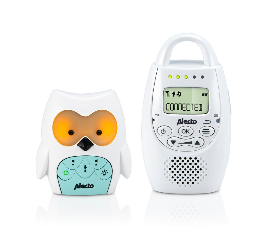 Alecto DECT-Babyphone-Eule mit Nachtlicht und eine Elterneinheit mit Display.