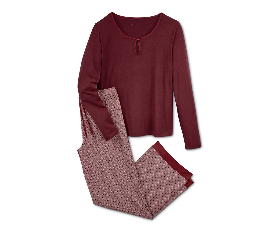 Bordeauxroter Pyjama mit langen Ärmeln und gemusterter Hose.