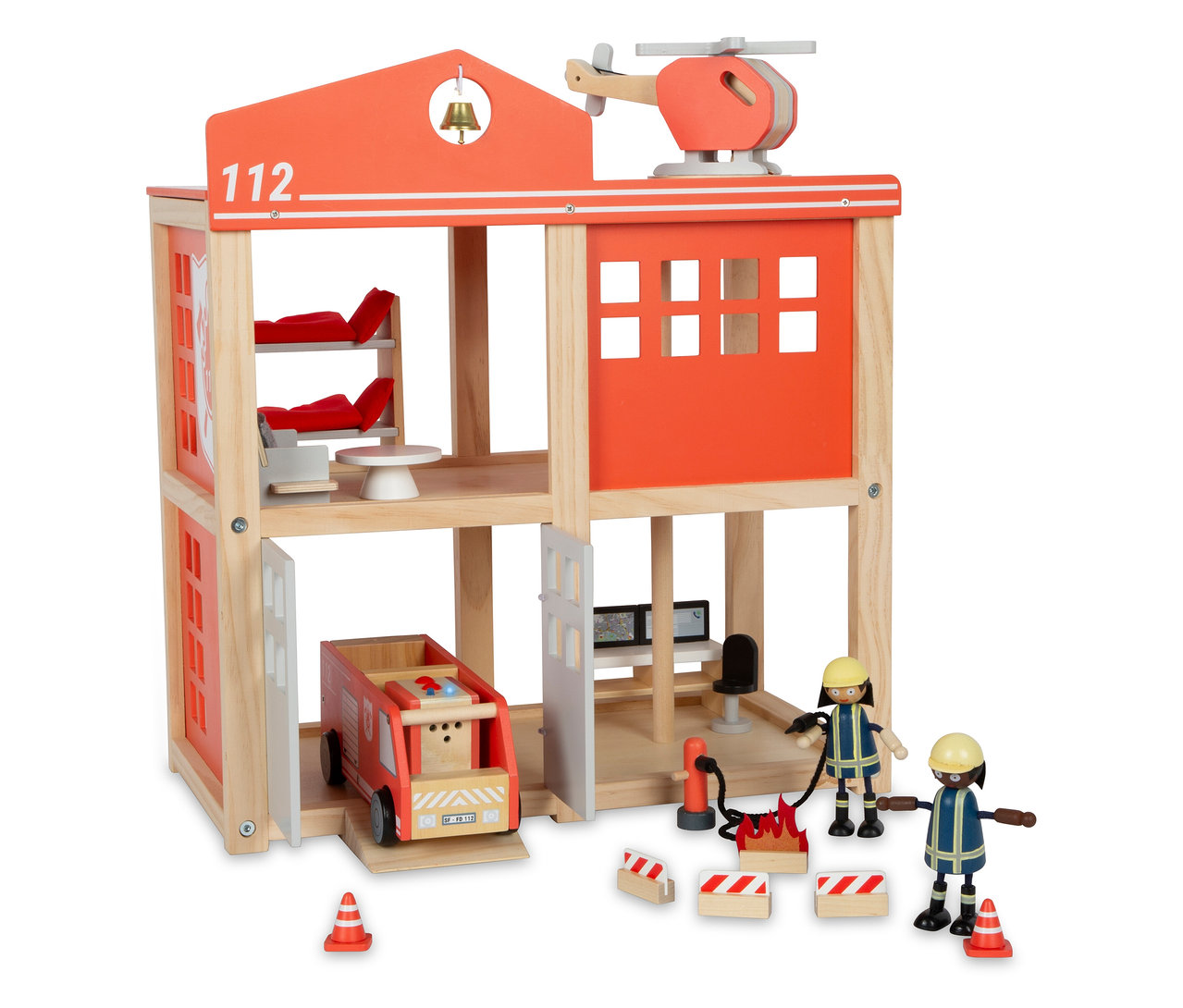 Die große small foot Feuerwehrwache aus Holz mit Figuren, Feuerwehrauto und Hubschrauber.