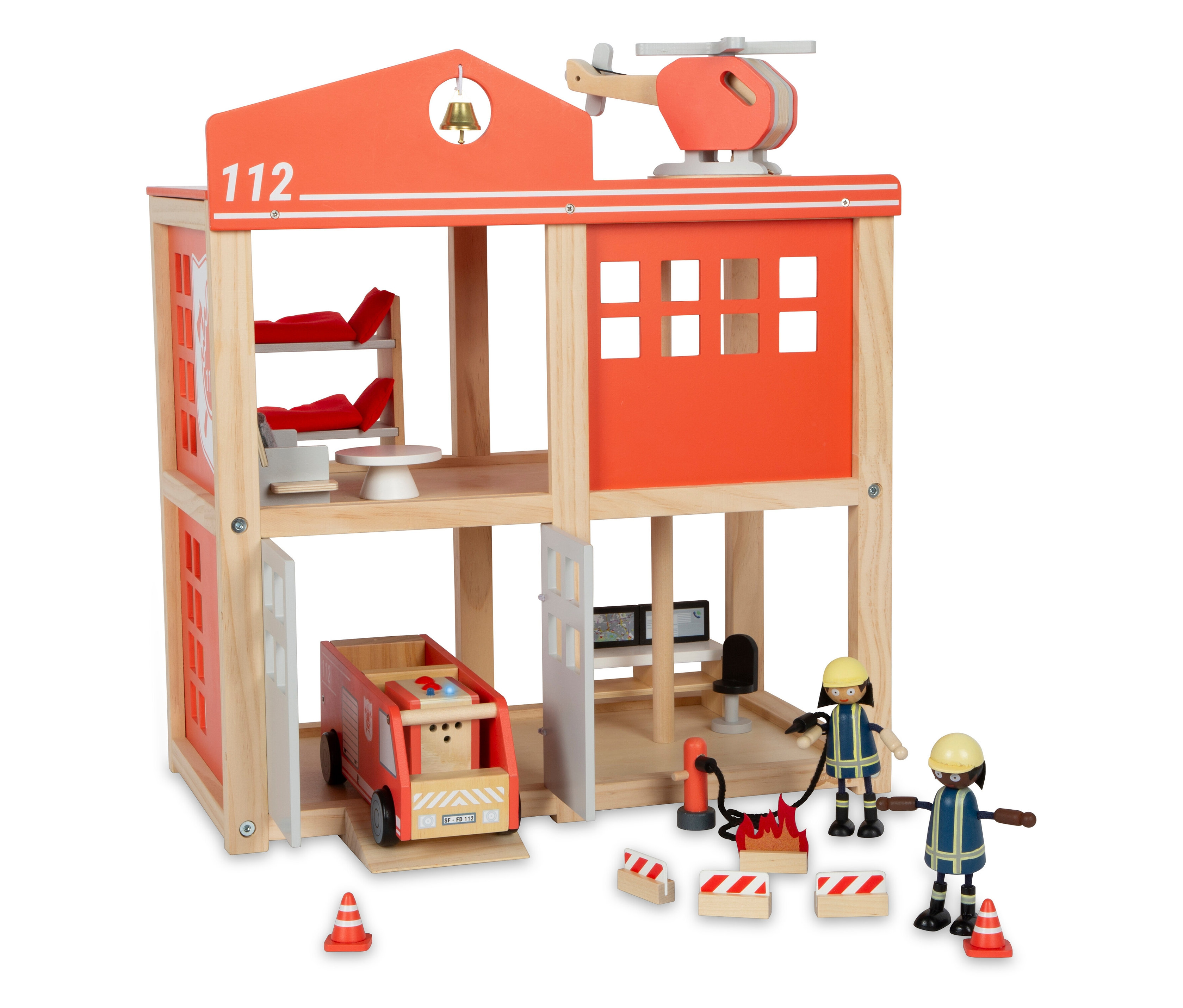 Die große small foot Feuerwehrwache aus Holz mit Figuren, Feuerwehrauto und Hubschrauber.