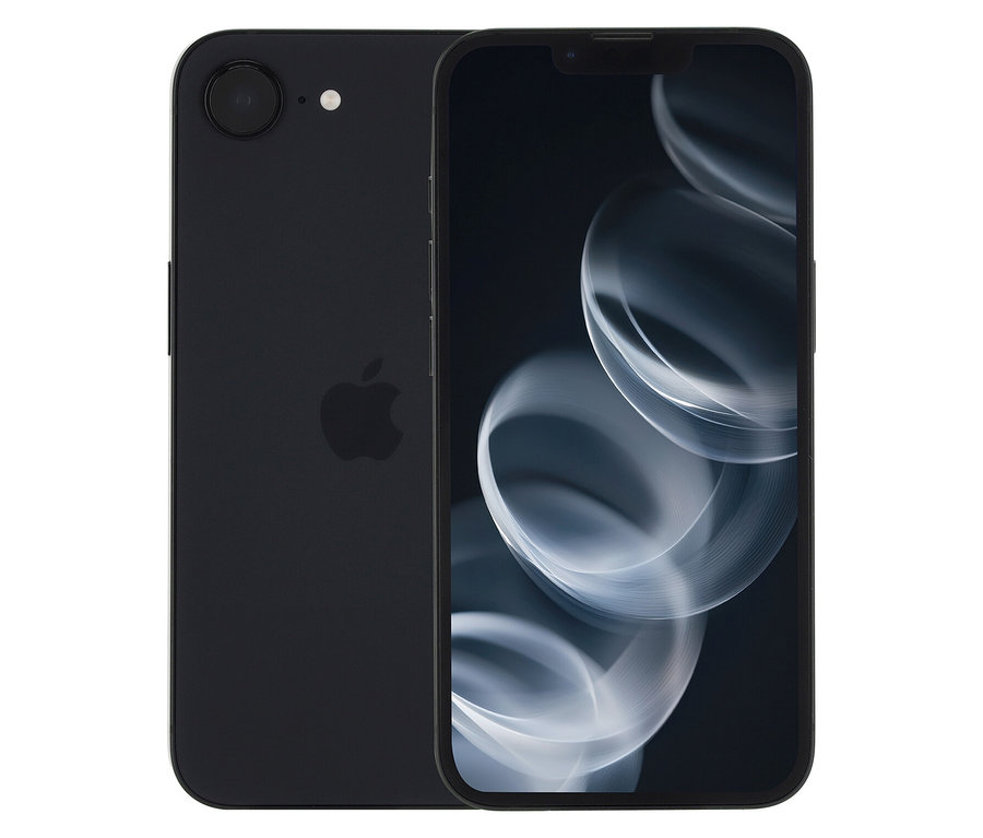 Schwarzes Apple iPhone 16e 128 GB von vorn und hinten gezeigt.