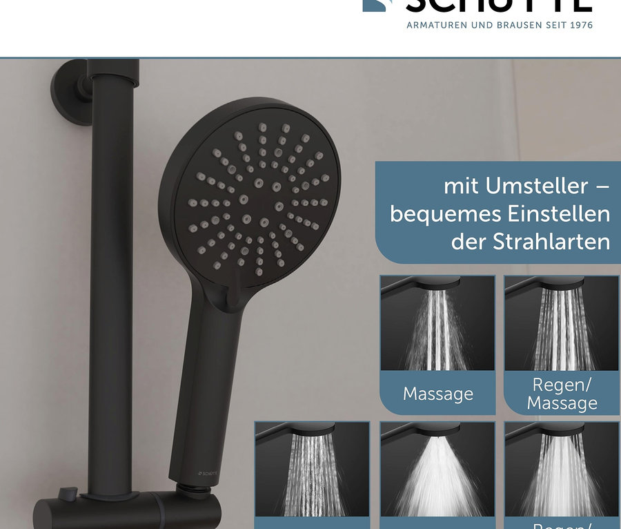 Schwarze Handbrause aus dem Überkopfbrause-Set »Madura Fresh« mit verschiedenen Wasserstrahlarten.