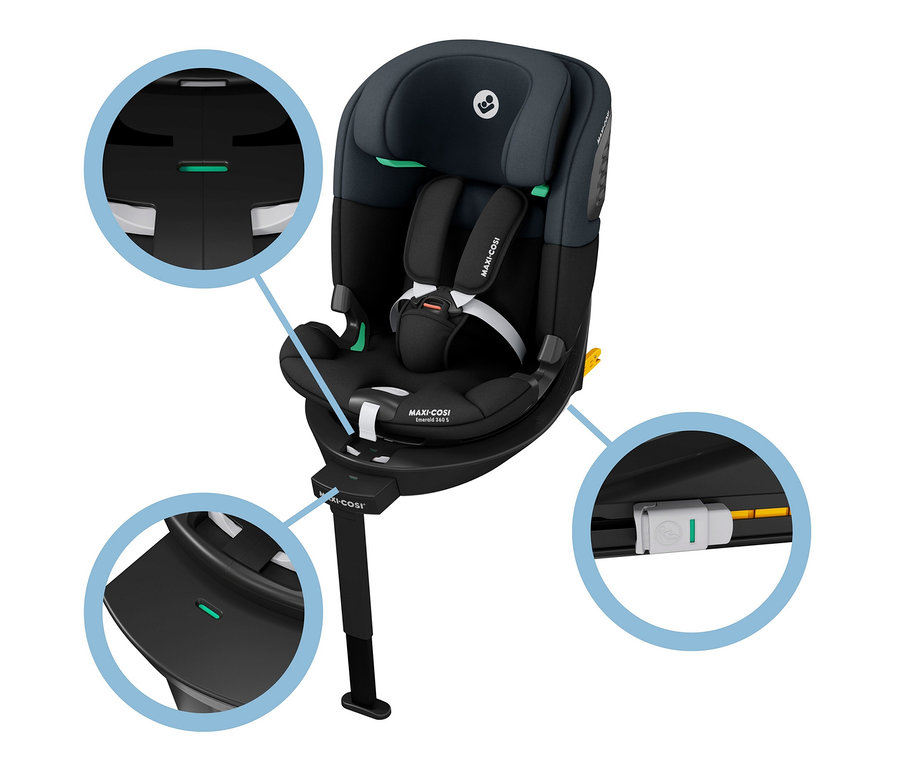 Ein Maxi-Cosi Kinder-Autositz »Emerald 360 S« in Schwarz und Grau.