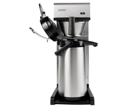 Bravilor-Bonamat TH Kaffeemaschine mit geöffnetem Deckel und Thermoskanne.