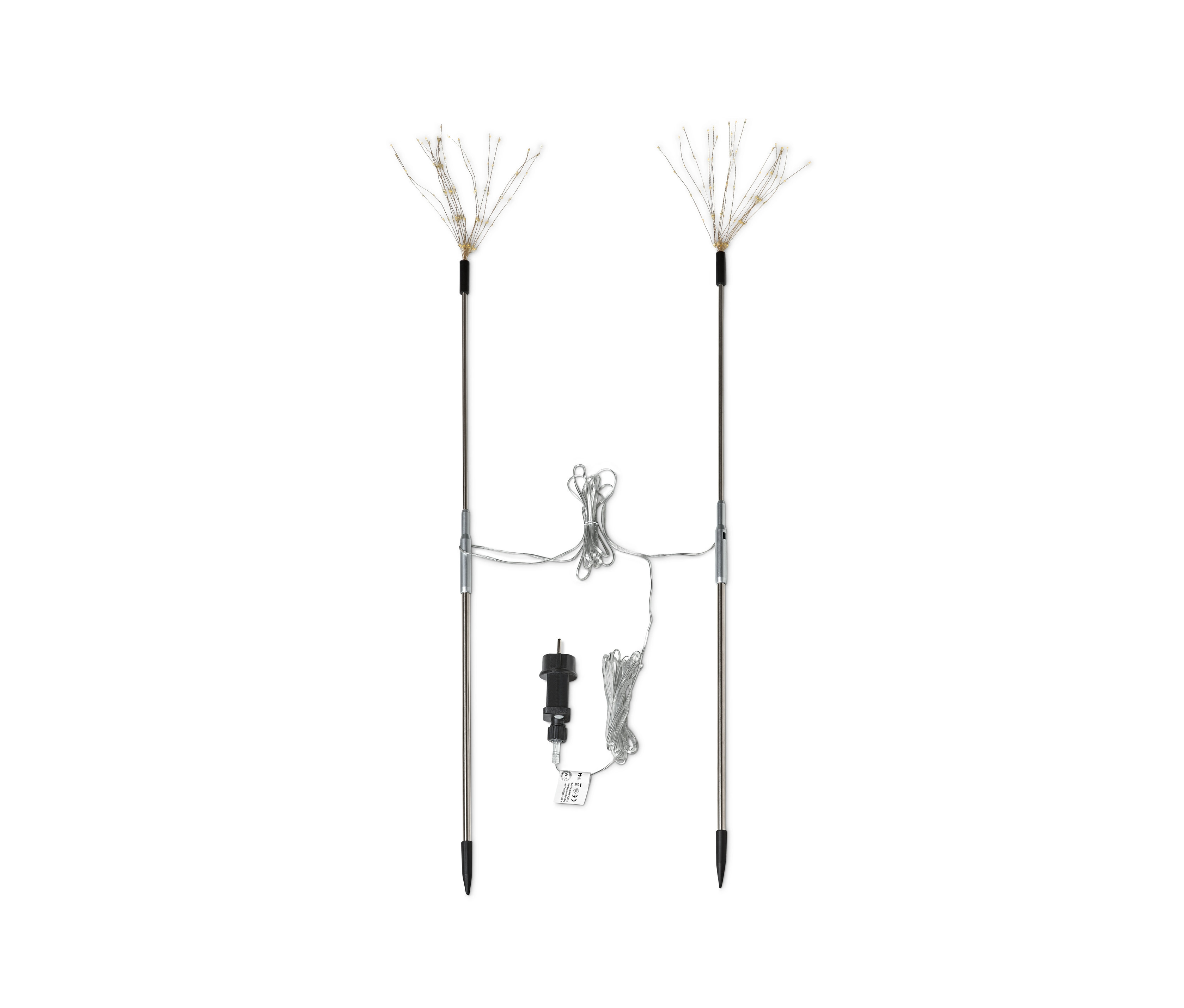 Zwei große LED-Gartenstecker mit Metallstäben und Stromkabel.