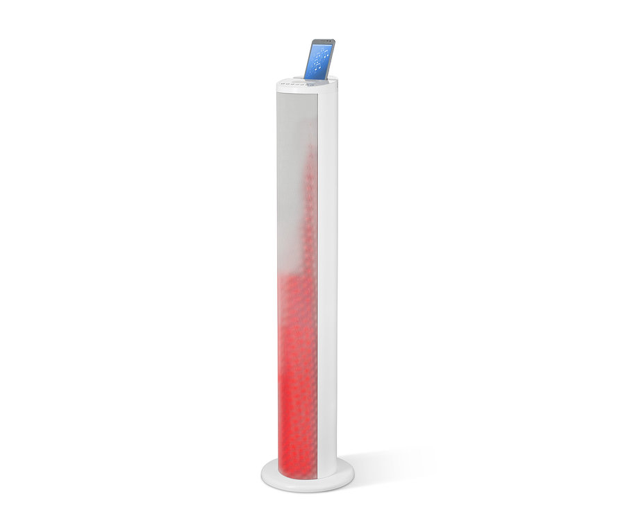 Weißer Lenco-Bluetooth®-Lautsprecherturm »BTL-450« mit roter Beleuchtung und Telefon oben.