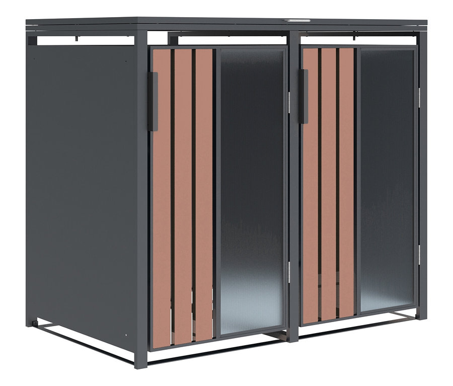 Metallschrank mit braunen Holzakzenten.