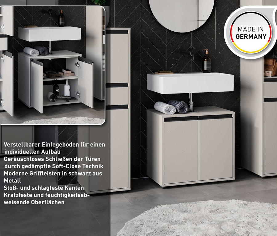 Badezimmer mit Waschbecken und steingrauem Waschbeckenunterschrank »Lemont«.