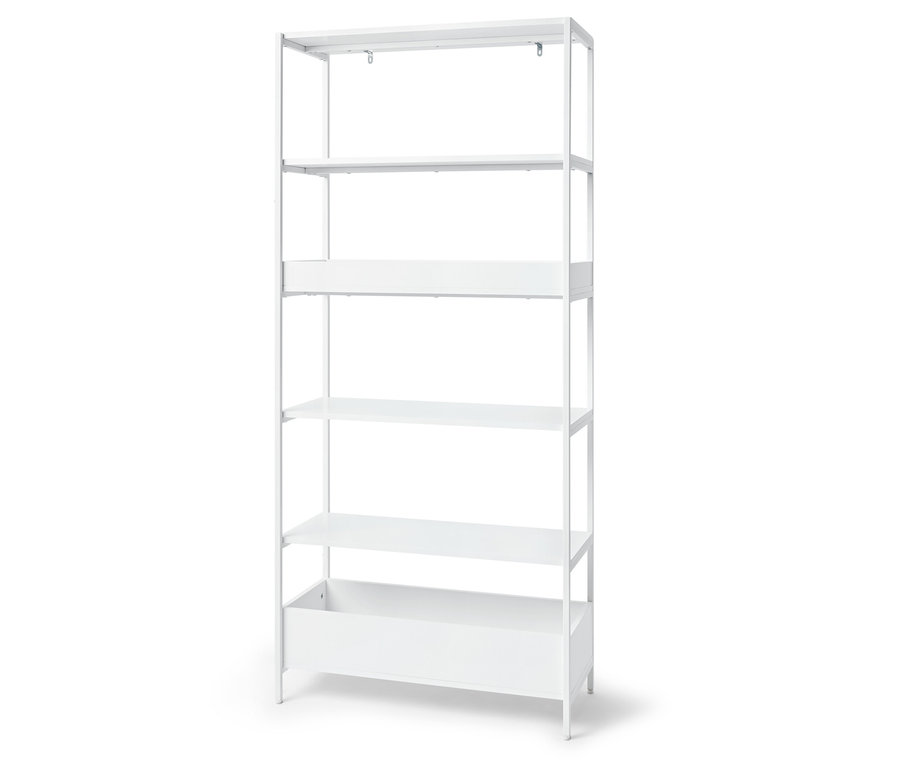 Ein weißes Metallregal mit fünf Regalböden.