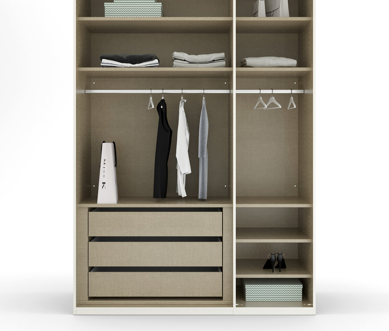 Offener champagnerfarbener dreitüriger rauch Schrank »Skat Shine« mit Regalen, Schubladen und Kleidung.