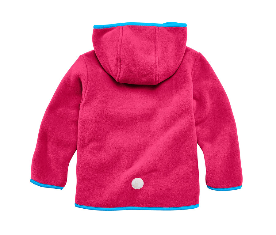 Rückansicht einer pinken Jako-O Kuschelfleecejacke, traube, mit Kapuze und blauen Bündchen.