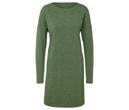 Grünes, gemustertes, langärmeliges Kleid.