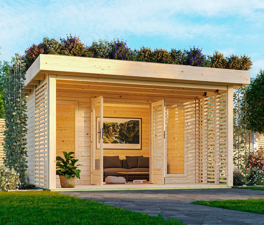 Offenes Gartenhaus mit Pflanzen auf dem Dach und Sitzgelegenheiten drinnen. Karibu Gartenhaus mit Dachbegrünungspaket »Hanami«, 38 mm.