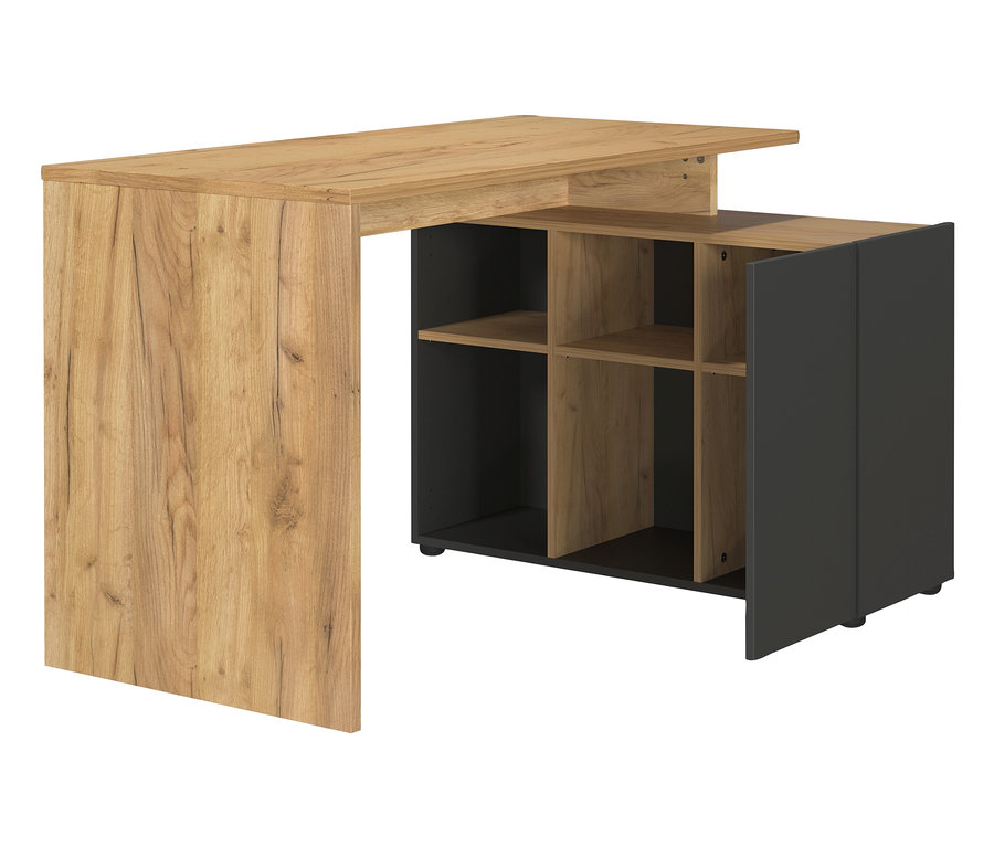 Detailansicht des großen Schreibtischs »GW-Adrano« in Graphit-Eichenfarbe.