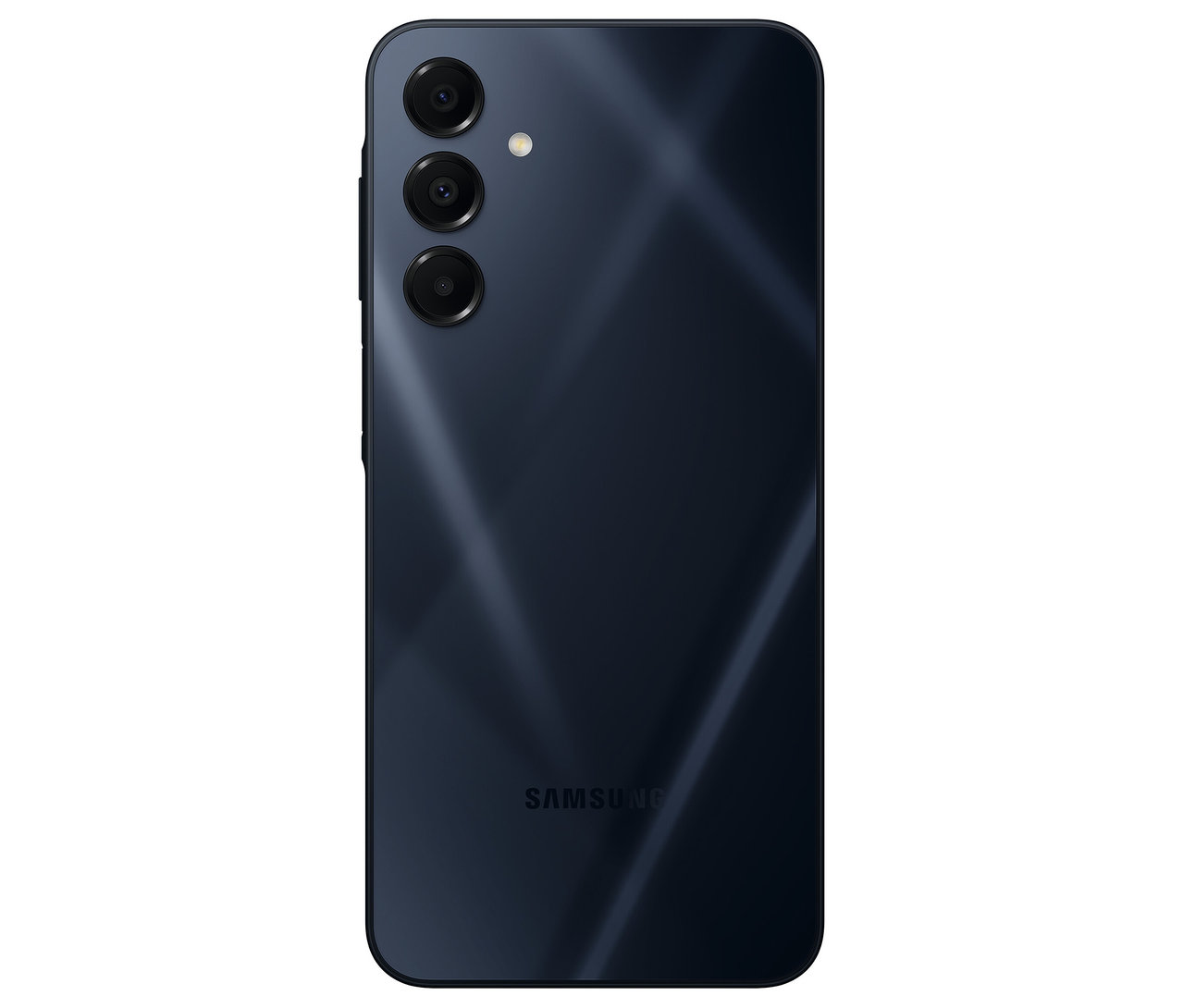 Detailansicht der Rückseite eines blau-schwarzen Samsung Galaxy A16 5G Telefons mit Triple-Kamera.