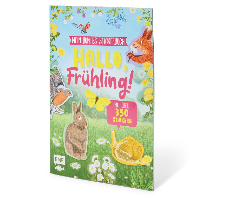 Auf dem Cover des Stickerbuchs sind ein Hase, eine Schnecke und ein Vogel abgebildet.