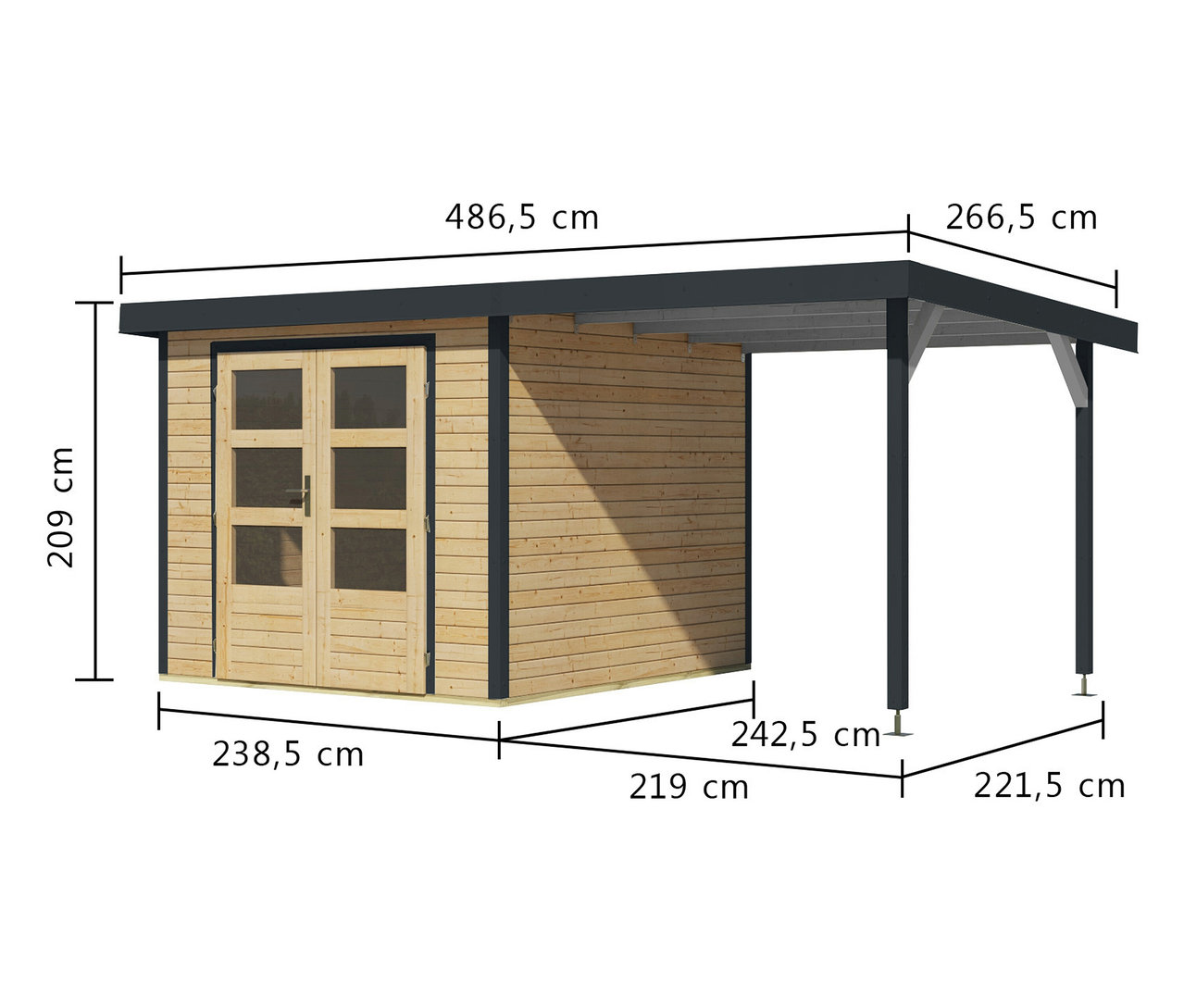 Draufsicht des naturfarbenen Karibu Gerätehaus »Venus B« mit Anbaudach, 19 mm, mit Maßangaben.