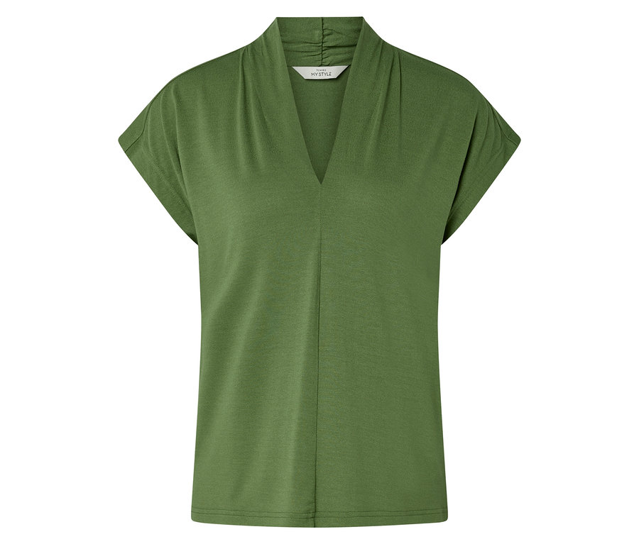 Grünes V-Ausschnitt Kurzarm-Shirt.