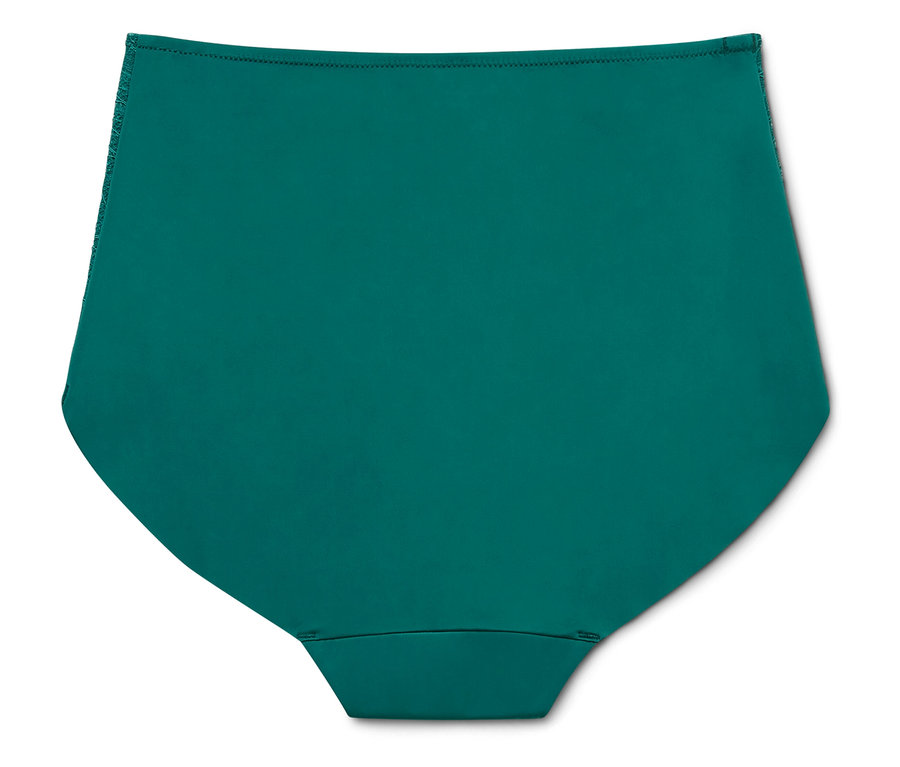 Dunkelgrüne, hoch taillierte Bikinihose liegt auf einem weißen Hintergrund.