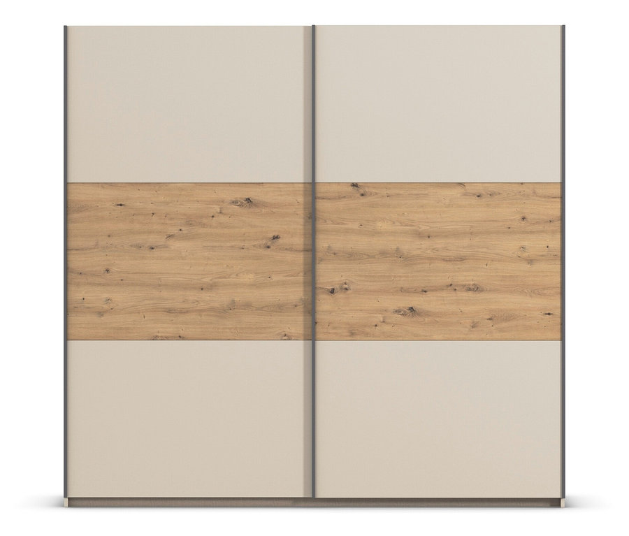 Schrank mit Schiebetüren, oben und unten beige, mittig Holzdekor