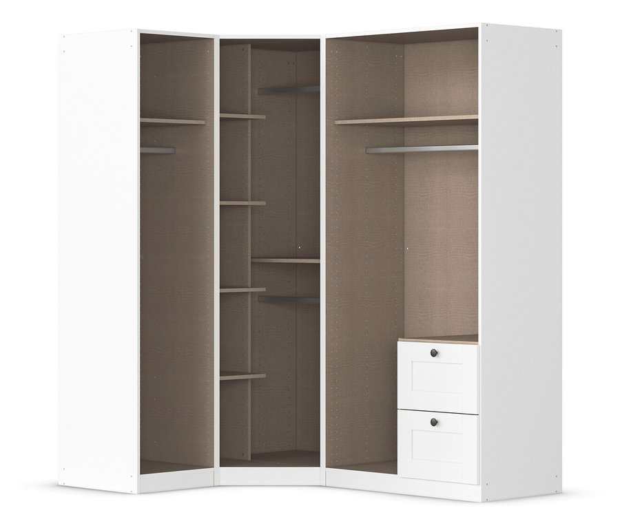 Weißer Eckkleiderschrank mit Regalen, Kleiderstangen und zwei Schubladen.