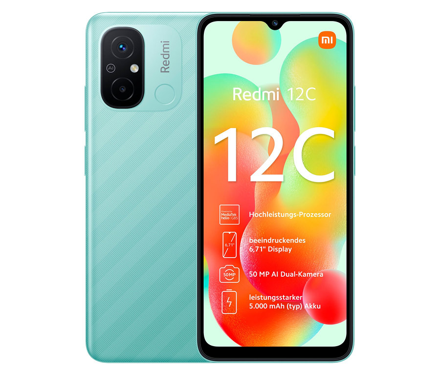 Das grüne Xiaomi Redmi 12C 64GB Smartphone ist von vorne und hinten zu sehen.