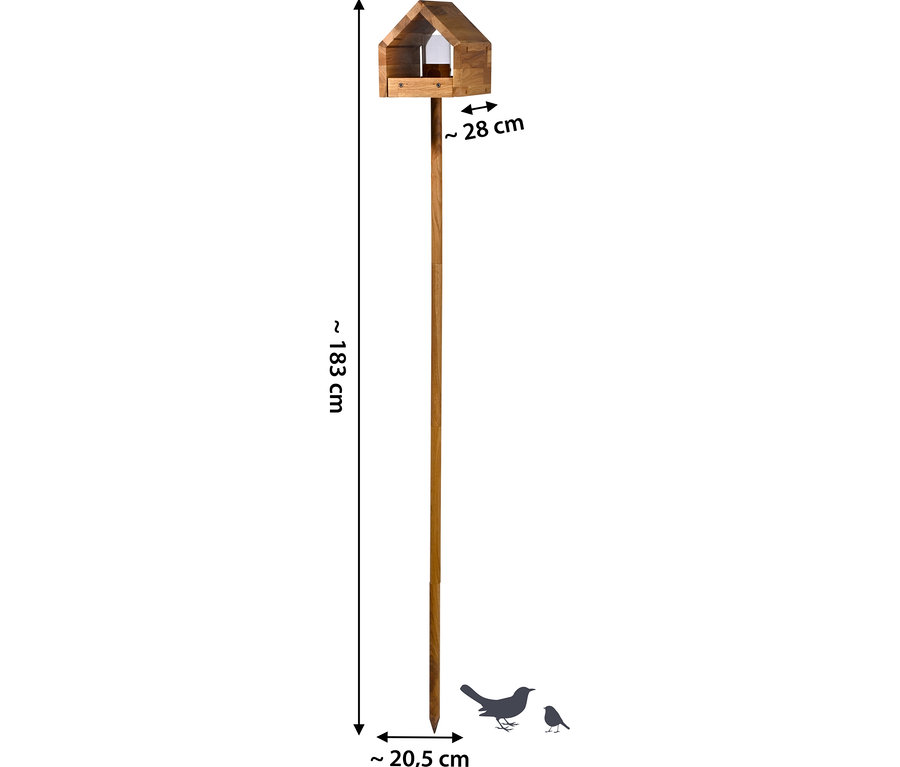 Freistehendes, geöltes Design-Futterhaus »Bauhaus I« aus Eiche mit Maßangaben.