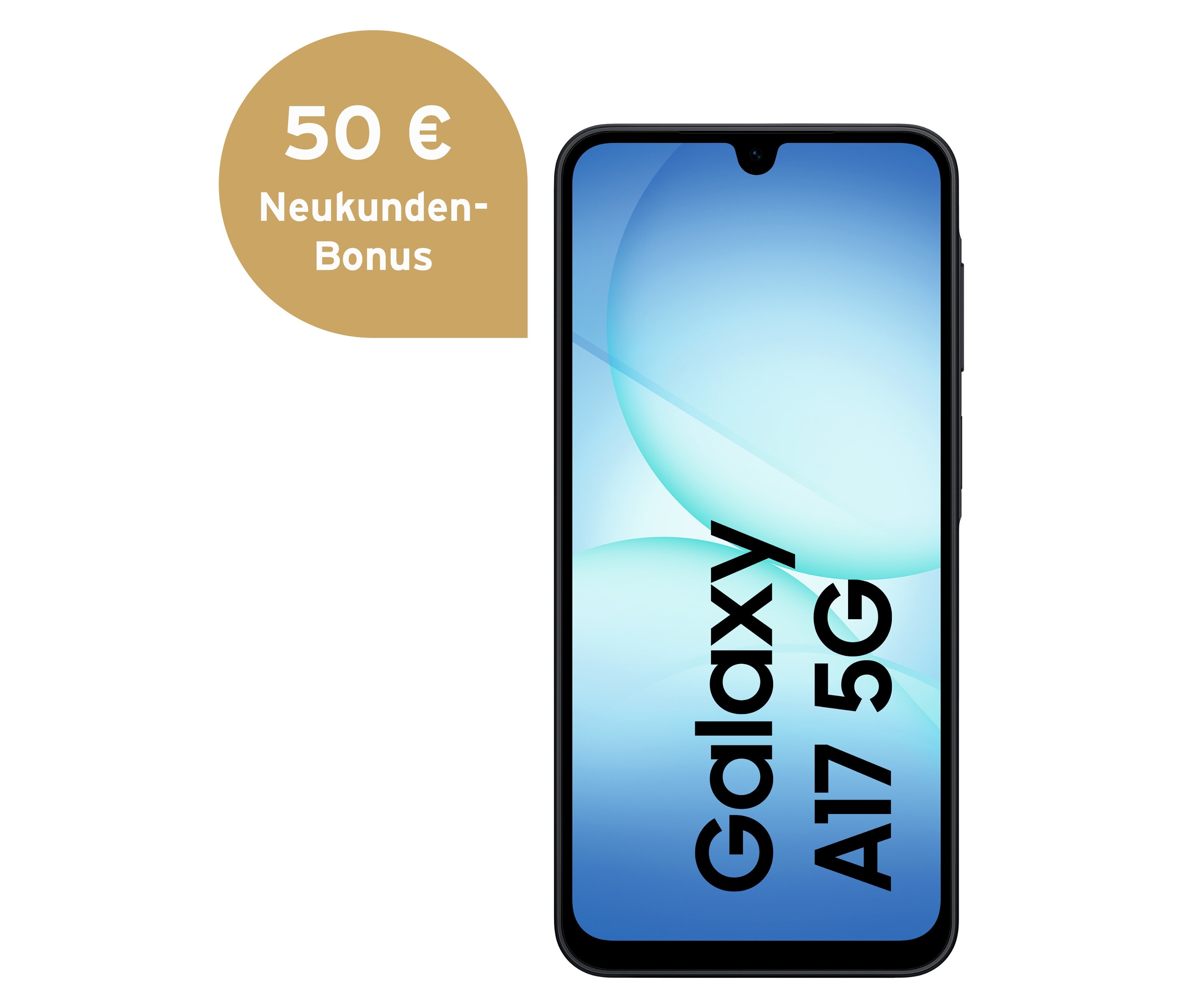 Schwarzes Samsung Galaxy A17 5G mit 128 GB Speicher.