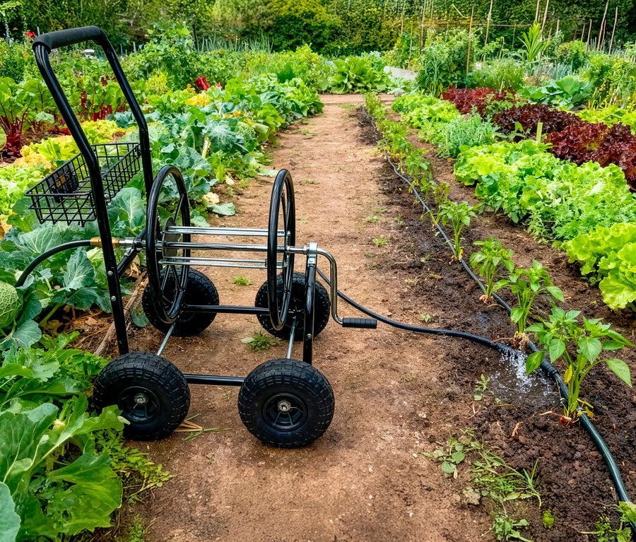 Ein schwarzer Schlauchwagen mit Rädern steht auf einem Gartenweg zwischen Gemüsebeeten.