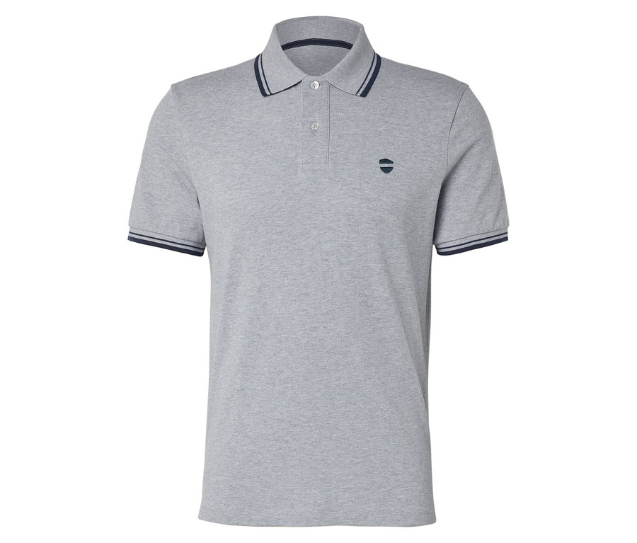 Graues Poloshirt mit dunkelblauen Streifen an Kragen und Ärmeln.