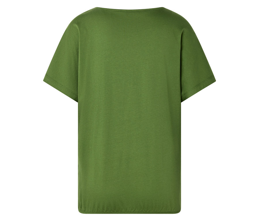 Nahaufnahme der Rückseite eines einfarbigen olivgrünen T-Shirts mit kurzen Ärmeln und einem weiten Rundhalsausschnitt.