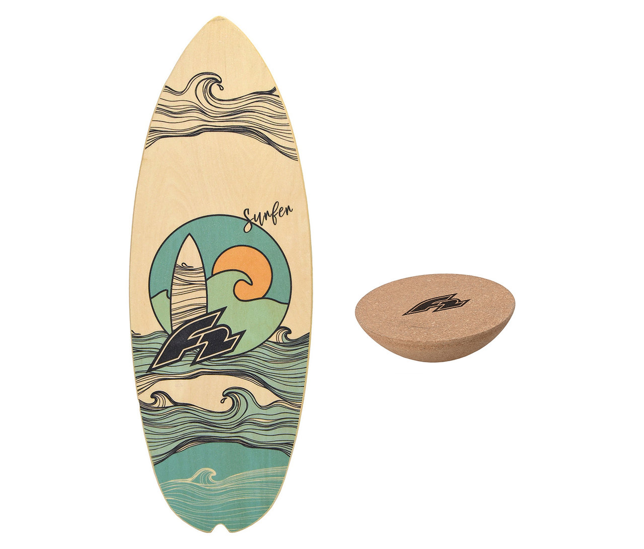 Das F2 Balance Board Halfshell Set mit Korkhalbkugel liegt auf einem weißen Hintergrund.