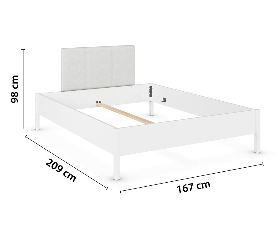 Weißes Bettgestell mit hellgrauem Kopfteil und den Maßen 209 cm Länge, 167 cm Breite und 98 cm Höhe.