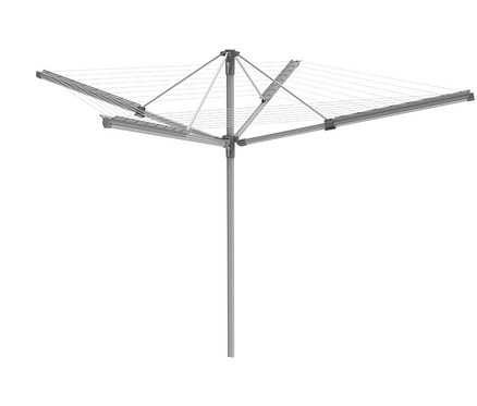 Ein grauer Wäscheständer steht im Freien.