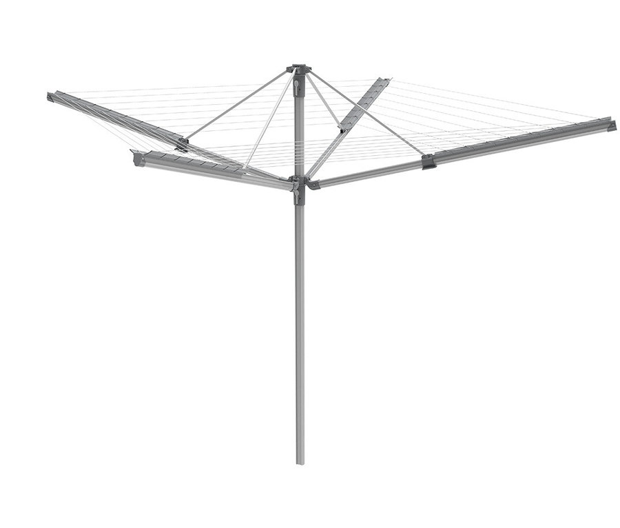 Ein grauer Wäscheständer steht im Freien.