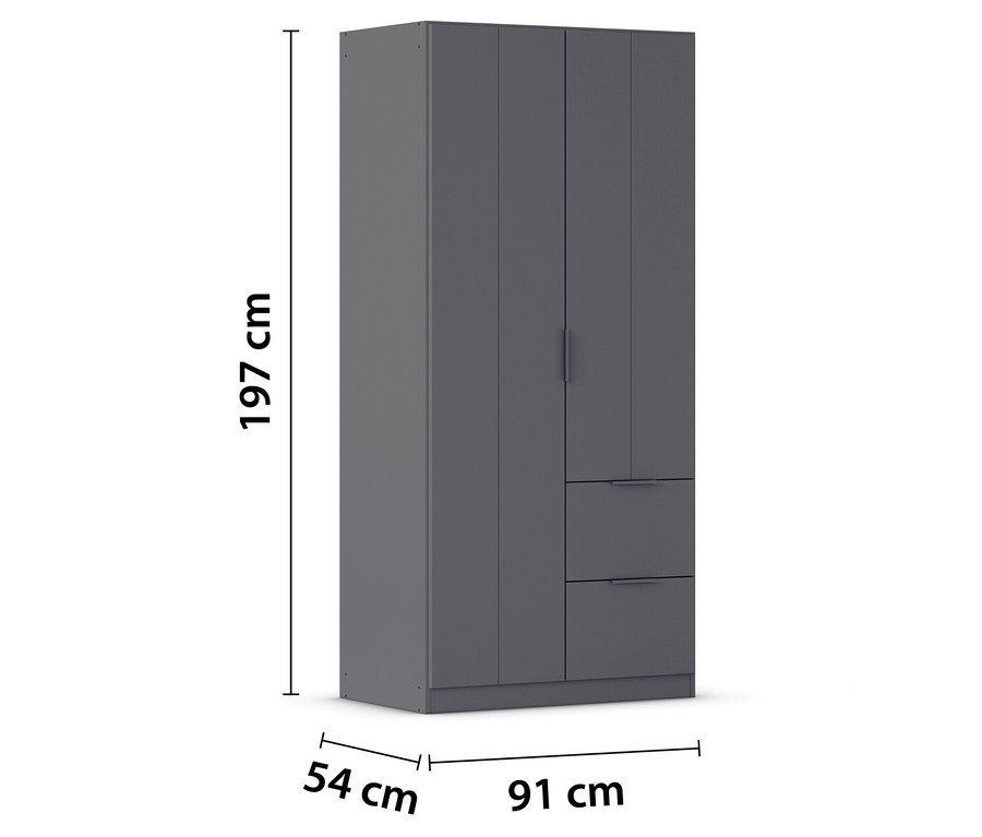Grauer Kleiderschrank mit zwei Schubladen und drei Türen, Maße 197 cm hoch, 91 cm breit und 54 cm tief.