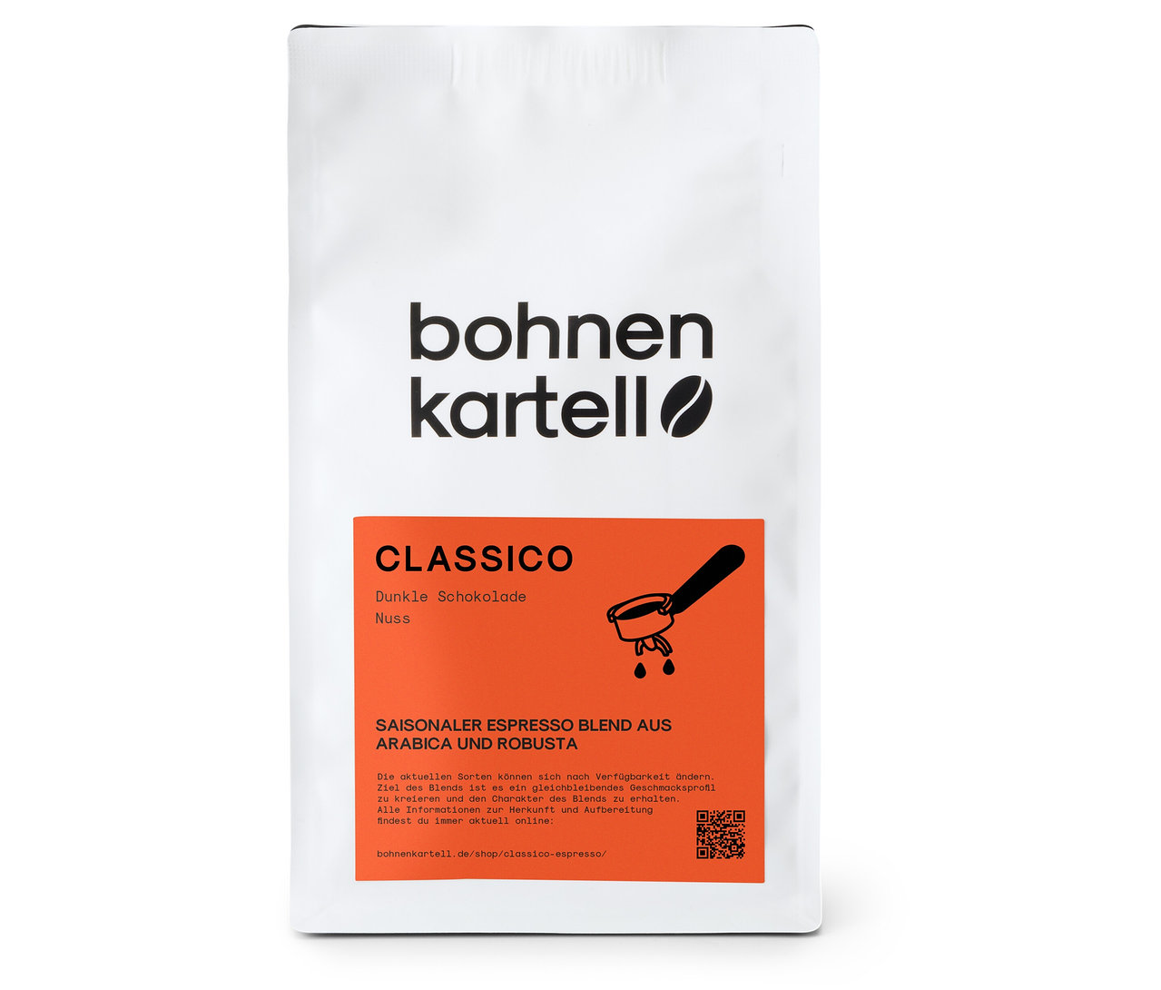 Weiße Packung bohnenkartell - Classico Espresso - 250 g Ganze Bohne mit Aufschrift „bohnenkartell“, „CLASSICO“ und einer Zeichnung einer Siebträgermaschine.