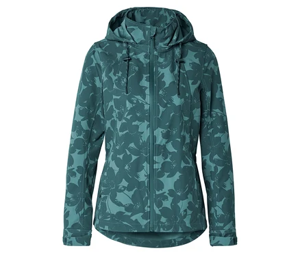 Dunkelgrüne Softshelljacke mit floralem Muster und Kapuze.