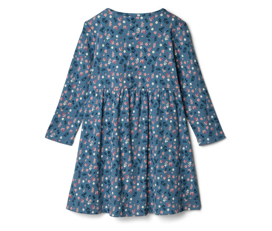 Blaues, langärmliges Kleid mit Blumenmuster, von hinten fotografiert.