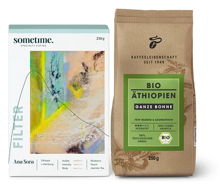 Eine Packung sometime. Specialty Coffee Filter Ana Sora und eine Packung Bio Äthiopien Ganze Bohne Kaffee stehen nebeneinander.
