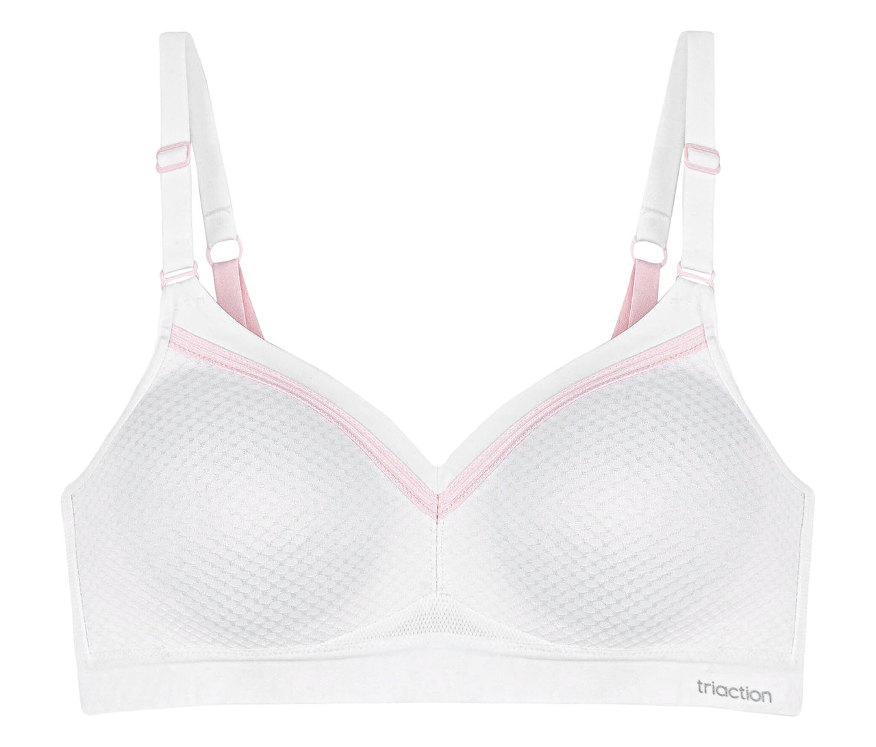 Weißer TRIUMPH Sport-BH Triaction Free Motion N EX mit pinkfarbenen Details.