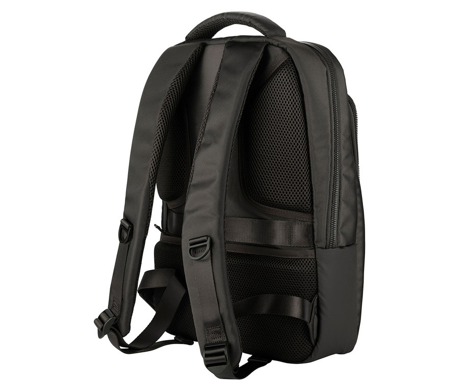 Rückansicht eines schwarzen Rucksacks mit Tragegriff und verstellbaren Trägern.