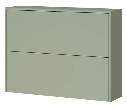 Ein zweistöckiger, horizontaler, hellgrüner Schrank ist vor einem weißen Hintergrund zu sehen.