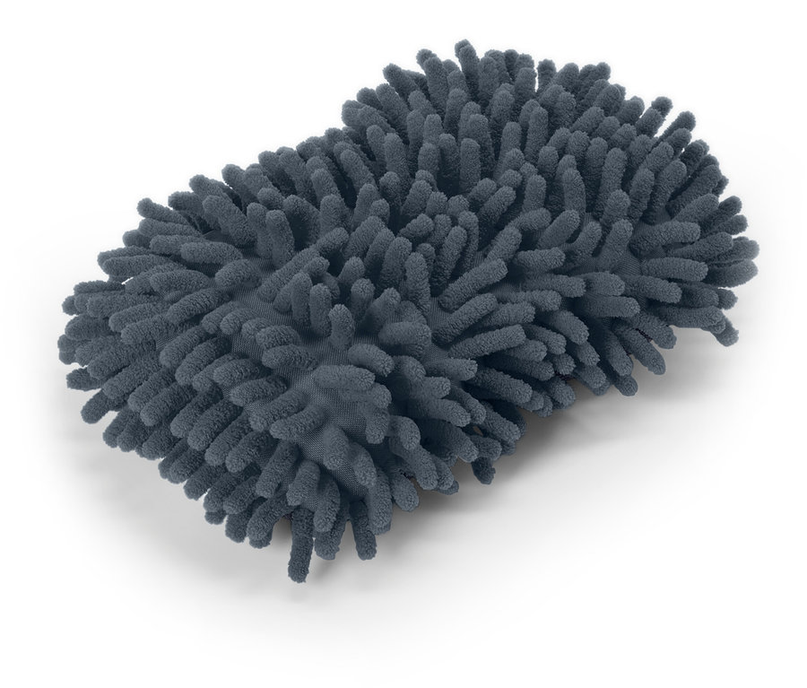 Ein grauer Staubwedel mit Mikrofaser-Chenille-Borsten liegt auf einem weißen Hintergrund.